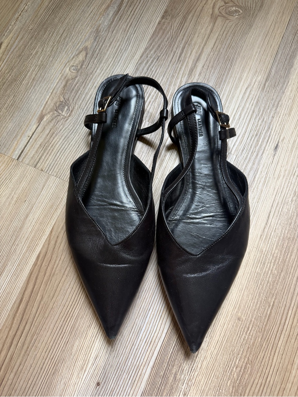 H&M Black Pointed Slingback Flats with Gold Buckle